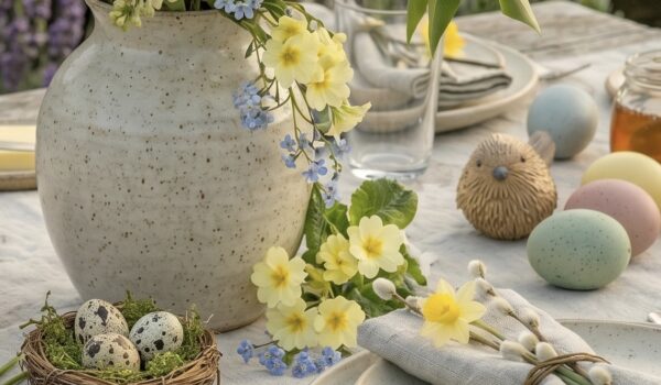 Tisch mit Osterdekoration und Sträuchern in Vase, Ostreier auf dem Tisch und Tellern mit Besteck
