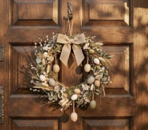 schlichter Osterkranz mit Ostereiern an einer Haustür